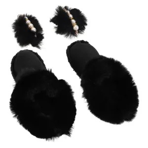 1 Pair Winter Shoe Liners Removable Faux Fur Inserts for Snow Boots Thick Plush Lining with 2 Pompoms Non Slip Soles for Indoor/Outdoor Use Black Size 40 41/2666