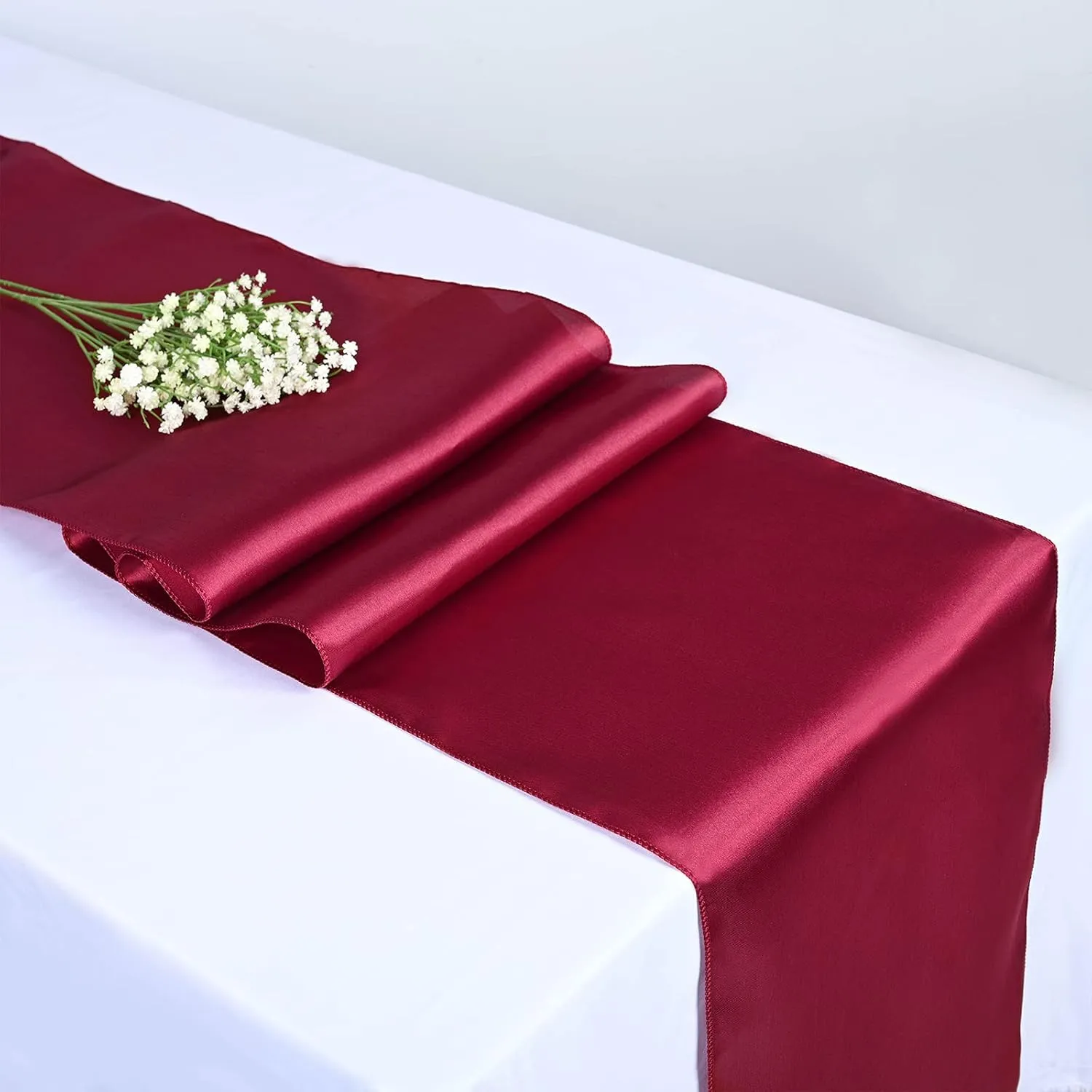 10-Pack Burgundy Satin Table Runner 12 x 108 inches Long Premium Silk and Smooth Fabric Table Runner for Wedding, Decorations for Birthday Parties, Banquets, Graduations, Engagements
