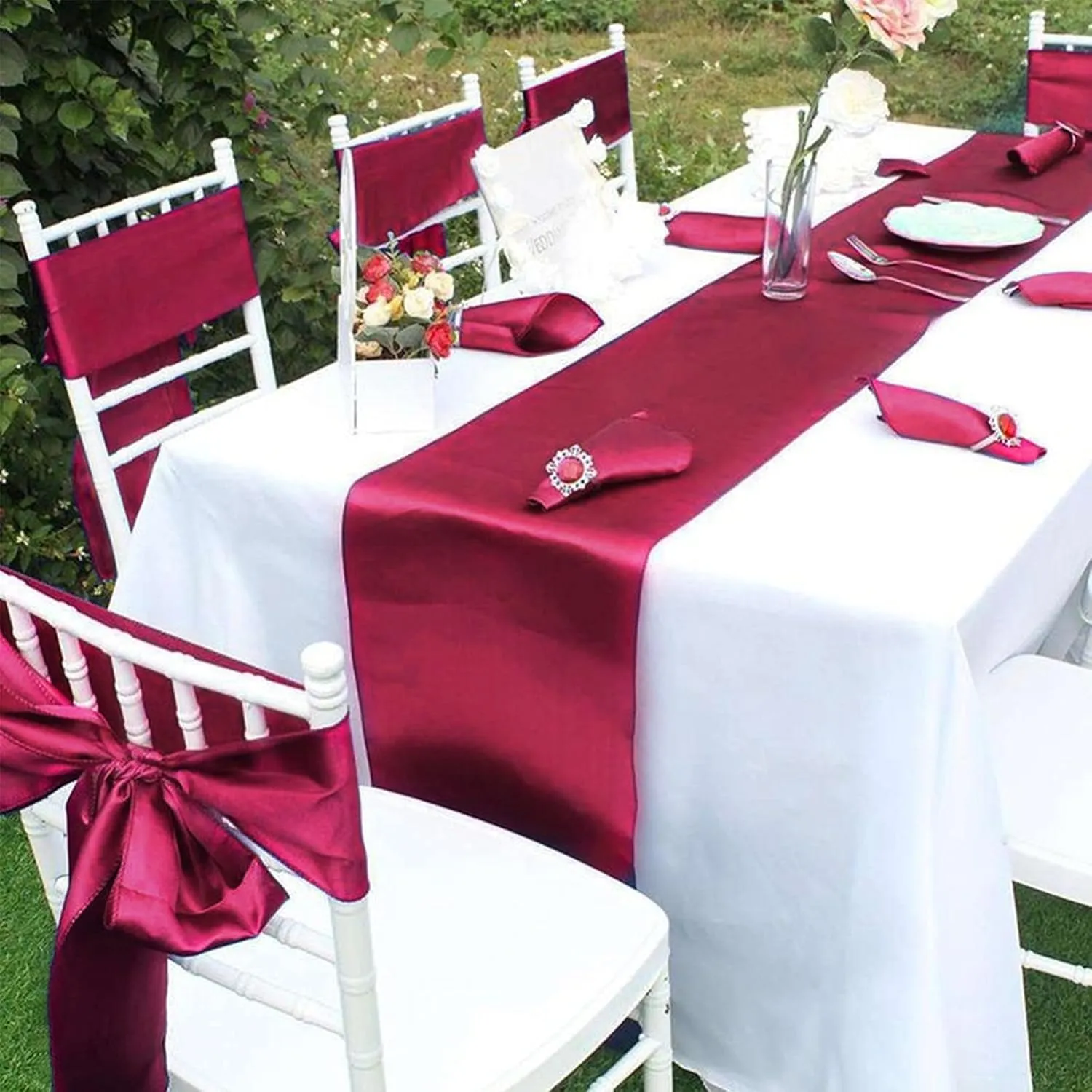 10-Pack Burgundy Satin Table Runner 12 x 108 inches Long Premium Silk and Smooth Fabric Table Runner for Wedding, Decorations for Birthday Parties, Banquets, Graduations, Engagements