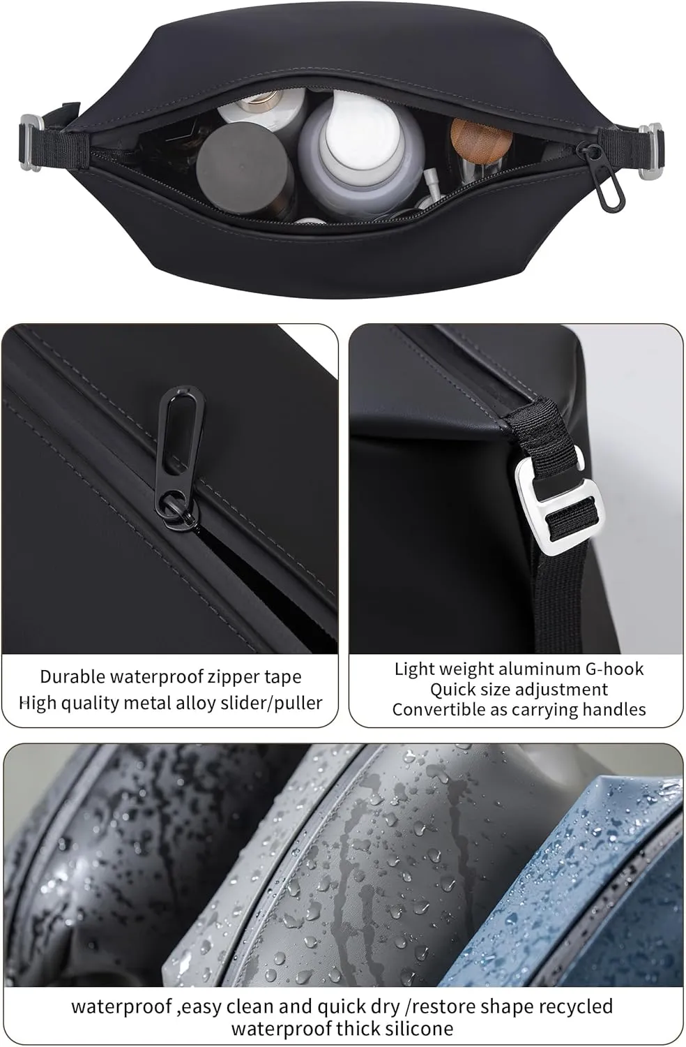 13" 6L Large Silicone Dopp Kit,Waterproof Leakproof Toiletry Bag,Foldable Travel Makeup Case for Mens Womens,Black