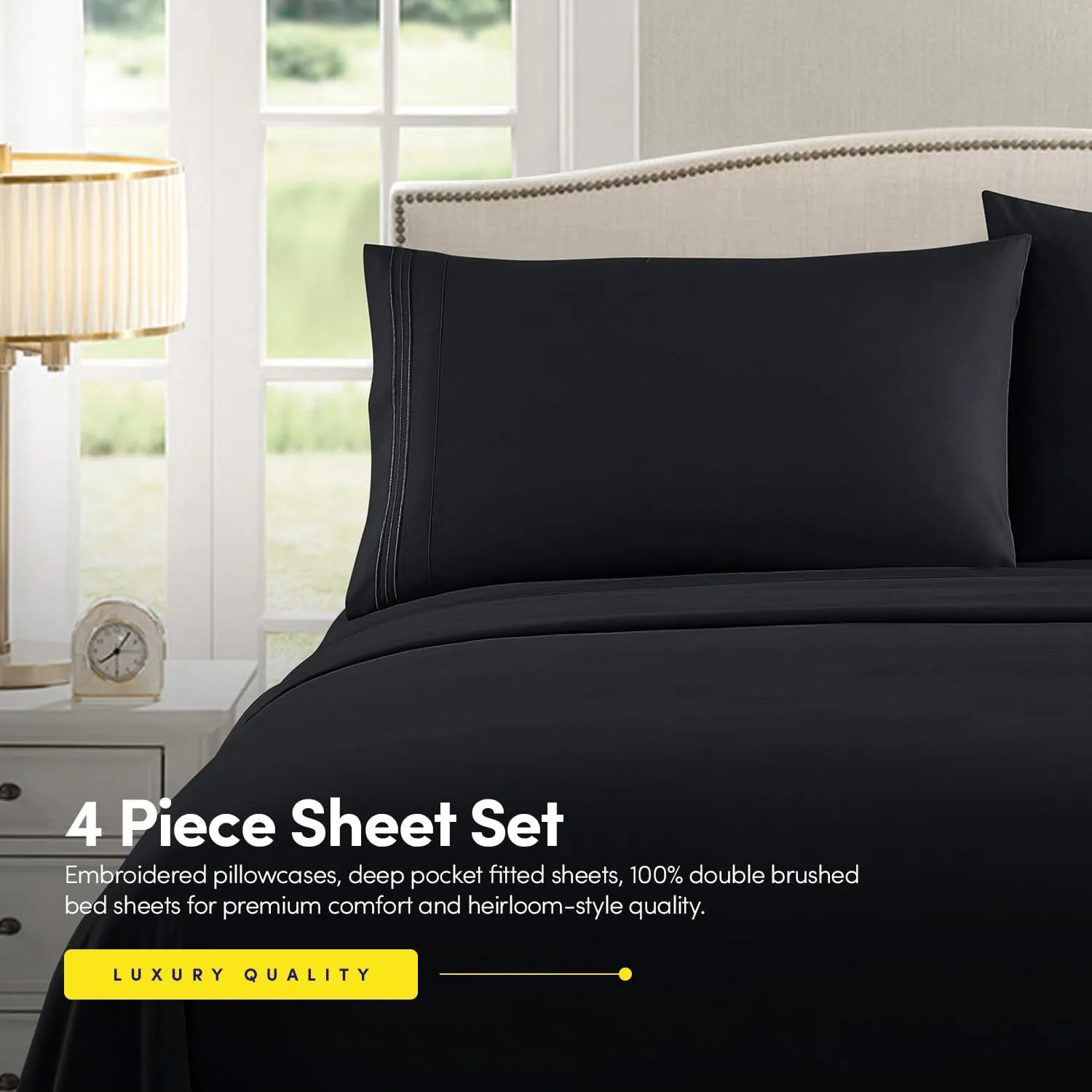 1500 Supreme Collection Queen Sheet Sets Black - Luxury Hotel Bed Sheets and Pillowcase Set for Queen Mattress - Extra Soft, Elastic Corner Straps, Deep Pocket Sheets, Queen Black