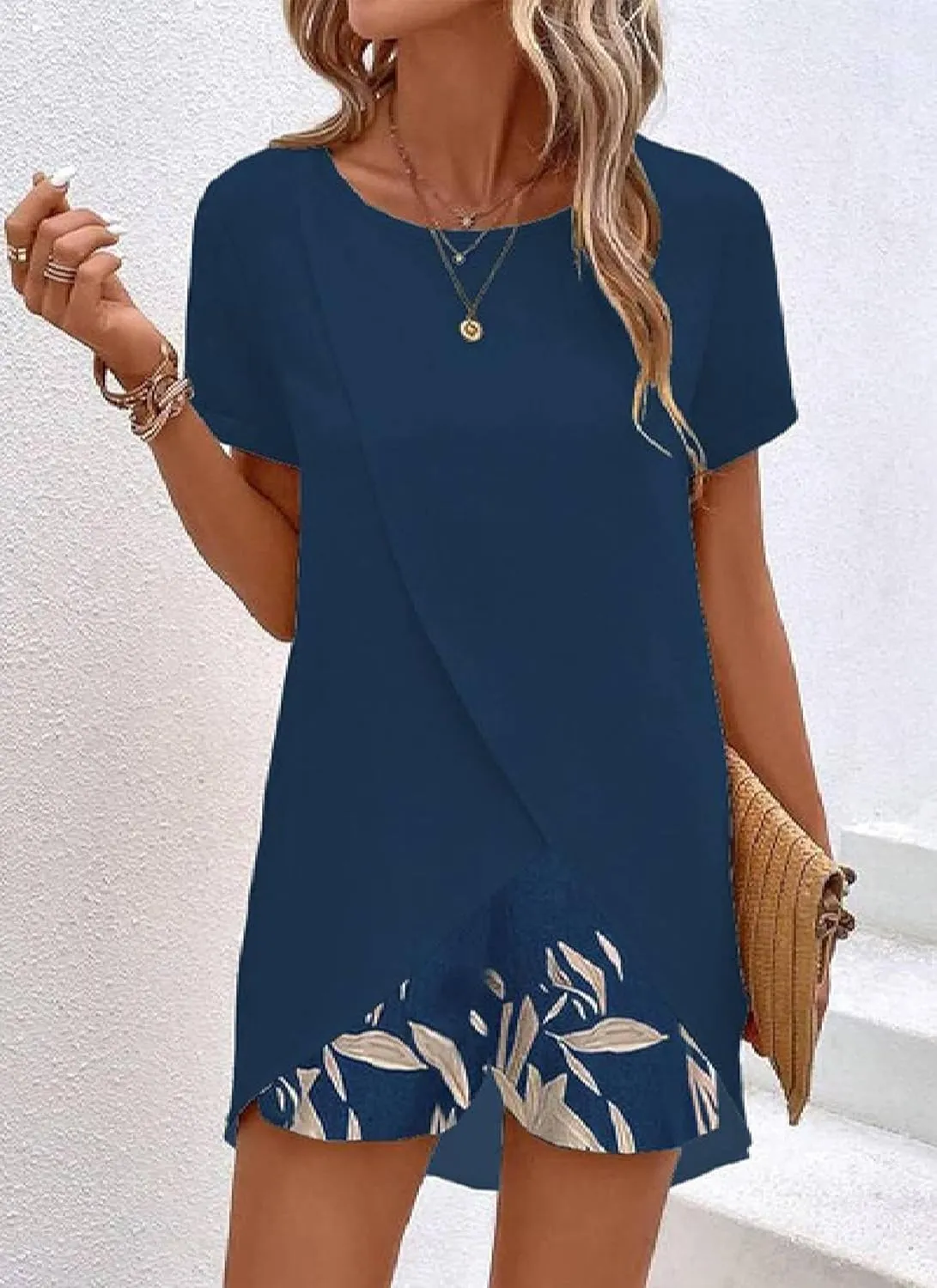2 Piece Sets For Women Lounge Wear Matching Two Piece Fresh Navy Round Neck Short Sleeve Tops and Print Pants Outfit