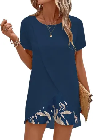 2 Piece Sets For Women Lounge Wear Matching Two Piece Fresh Navy Round Neck Short Sleeve Tops and Print Pants Outfit