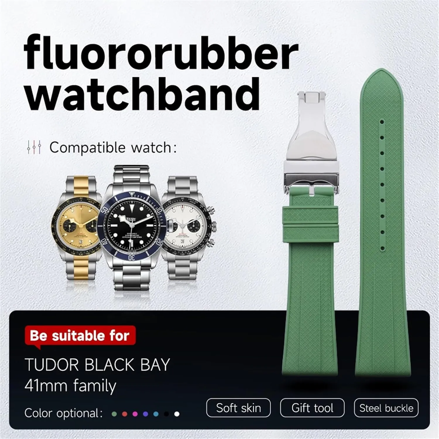 22mm Flat End Soft Fluororubber Watch Band For TUDOR Strap M79360.M79363 Stainless Fold Buckle Black Bay 1958 GMT 41mm Pelagos