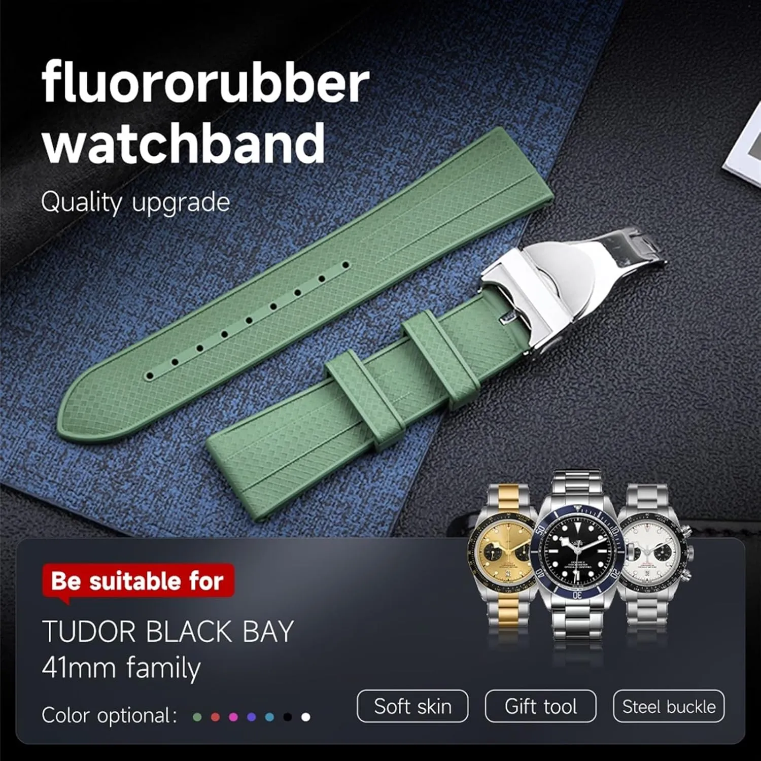 22mm Flat End Soft Fluororubber Watch Band For TUDOR Strap M79360.M79363 Stainless Fold Buckle Black Bay 1958 GMT 41mm Pelagos