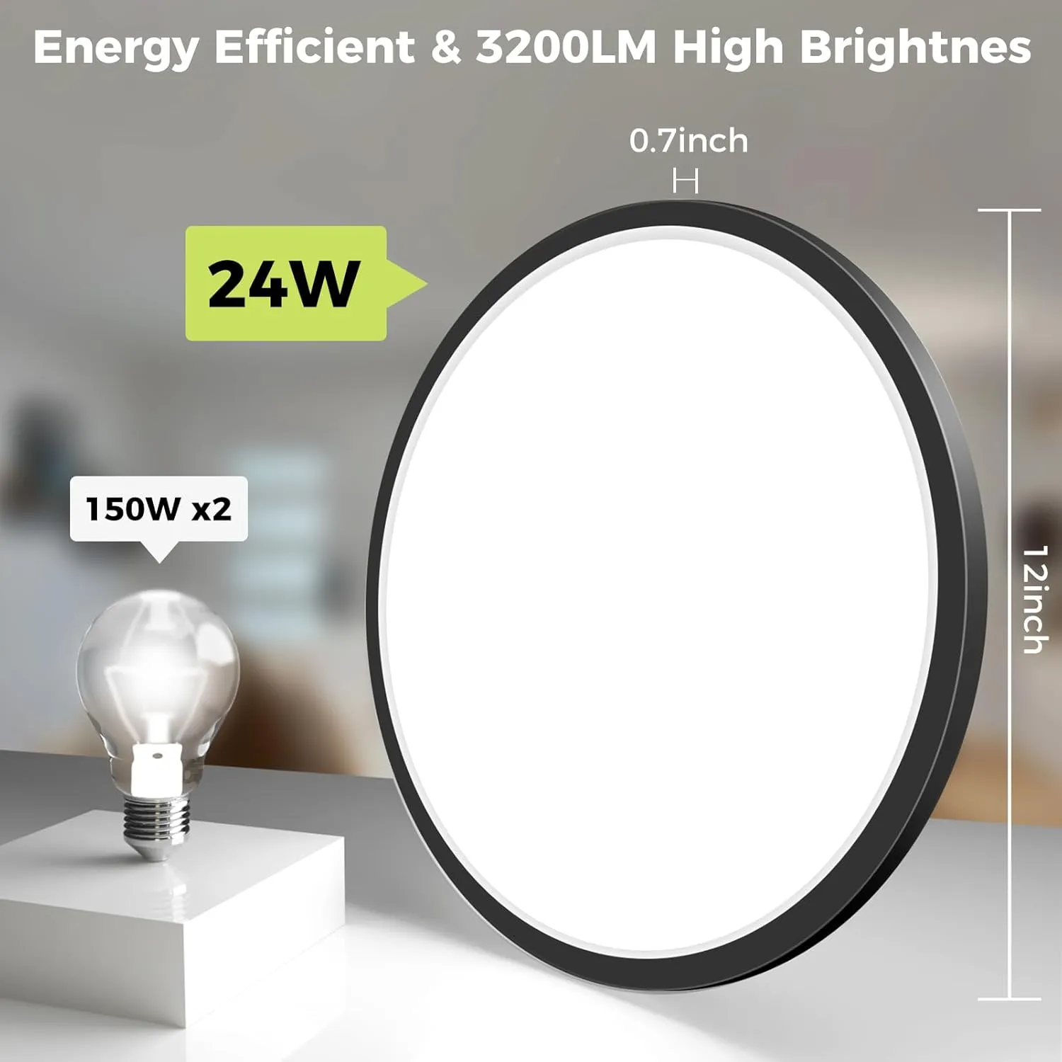 2Pack LED Flush Mount Ceiling Light Fixture, 12Inch 24W, Dimmable&3000K/3500K/4000K/5000K/6500K Adjustable Low Profile Ceiling Lights, 3200LM Modern Lamp for Bedroom, Porch, Kitchen, Hallway, Black