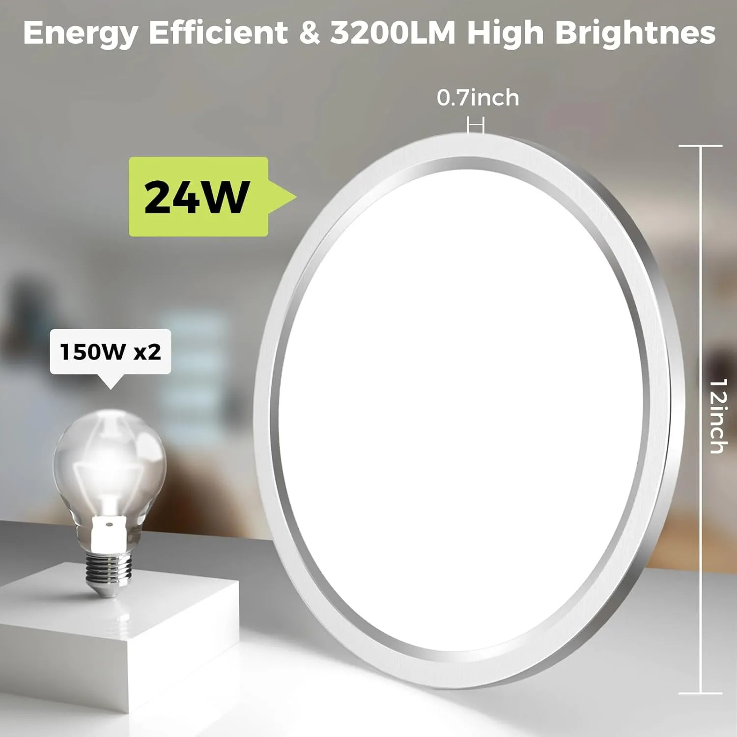 2Pack LED Flush Mount Ceiling Light Fixture Brushed Nickel, 12Inch 24W, Dimmable&3000K-6500K Adjustable Low Profile Ceiling Lights, 3200LM Modern Lamp for Kitchen, Bedroom, Porch, Hallway, White