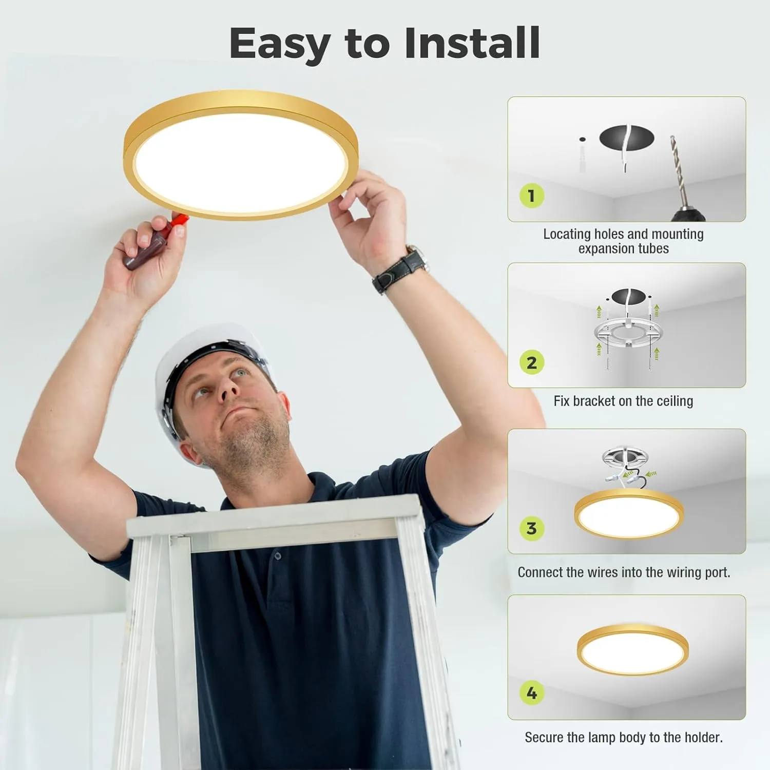 2Pack LED Flush Mount Ceiling Light Fixture Golden, 12Inch 24W, Dimmable&3000K-6500K Adjustable Low Profile Ceiling Lights, 3200LM Modern Lamp for Kitchen, Bedroom, Porch, Hallway, White