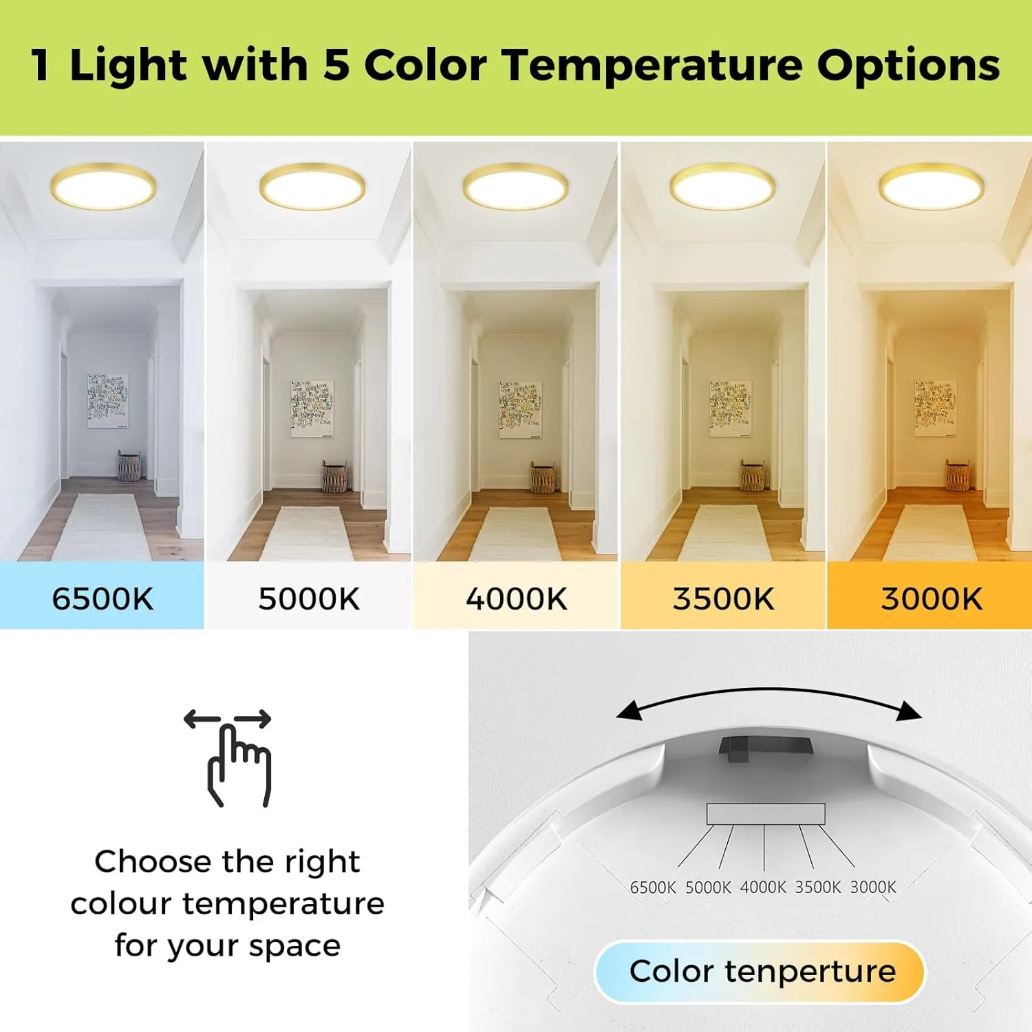2Pack LED Flush Mount Ceiling Light Fixture Golden, 12Inch 24W, Dimmable&3000K-6500K Adjustable Low Profile Ceiling Lights, 3200LM Modern Lamp for Kitchen, Bedroom, Porch, Hallway, White