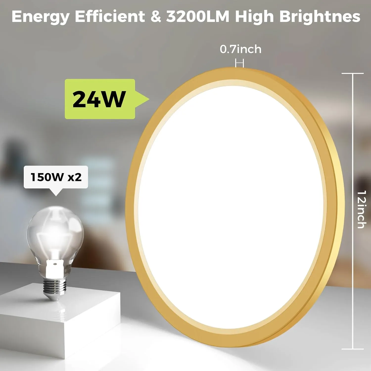 2Pack LED Flush Mount Ceiling Light Fixture Golden, 12Inch 24W, Dimmable&3000K-6500K Adjustable Low Profile Ceiling Lights, 3200LM Modern Lamp for Kitchen, Bedroom, Porch, Hallway, White