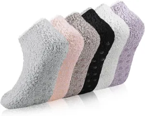 3/6 Pairs Non Slip Hospital Socks for Women Fluffy Fuzzy Slipper Socks with Grips