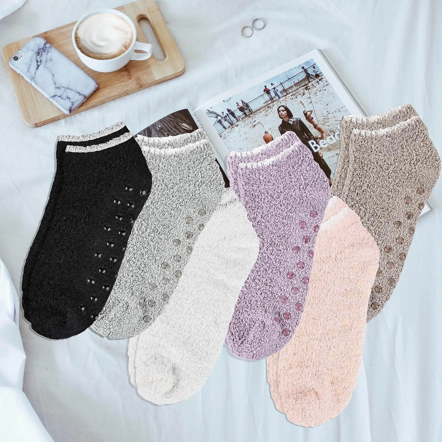 3/6 Pairs Non Slip Hospital Socks for Women Fluffy Fuzzy Slipper Socks with Grips