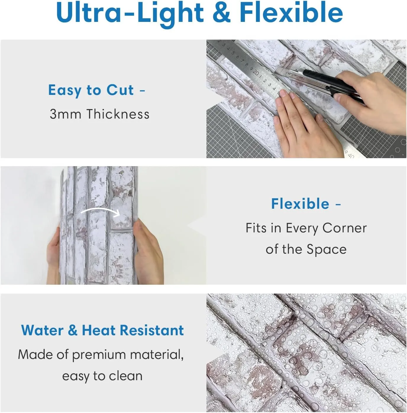 3D Faux Brick Wall Panel, Peel and Stick Brick Tiles, 10 Pcs of 12"X12", Small Size Thin PVC Brick Adhesive Fake Brick Paneling Brick Backsplash Background, Retro White