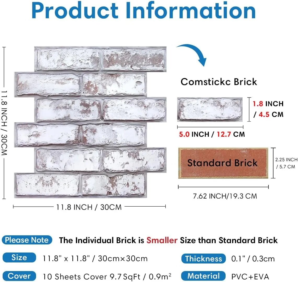3D Faux Brick Wall Panel, Peel and Stick Brick Tiles, 10 Pcs of 12"X12", Small Size Thin PVC Brick Adhesive Fake Brick Paneling Brick Backsplash Background, Retro White