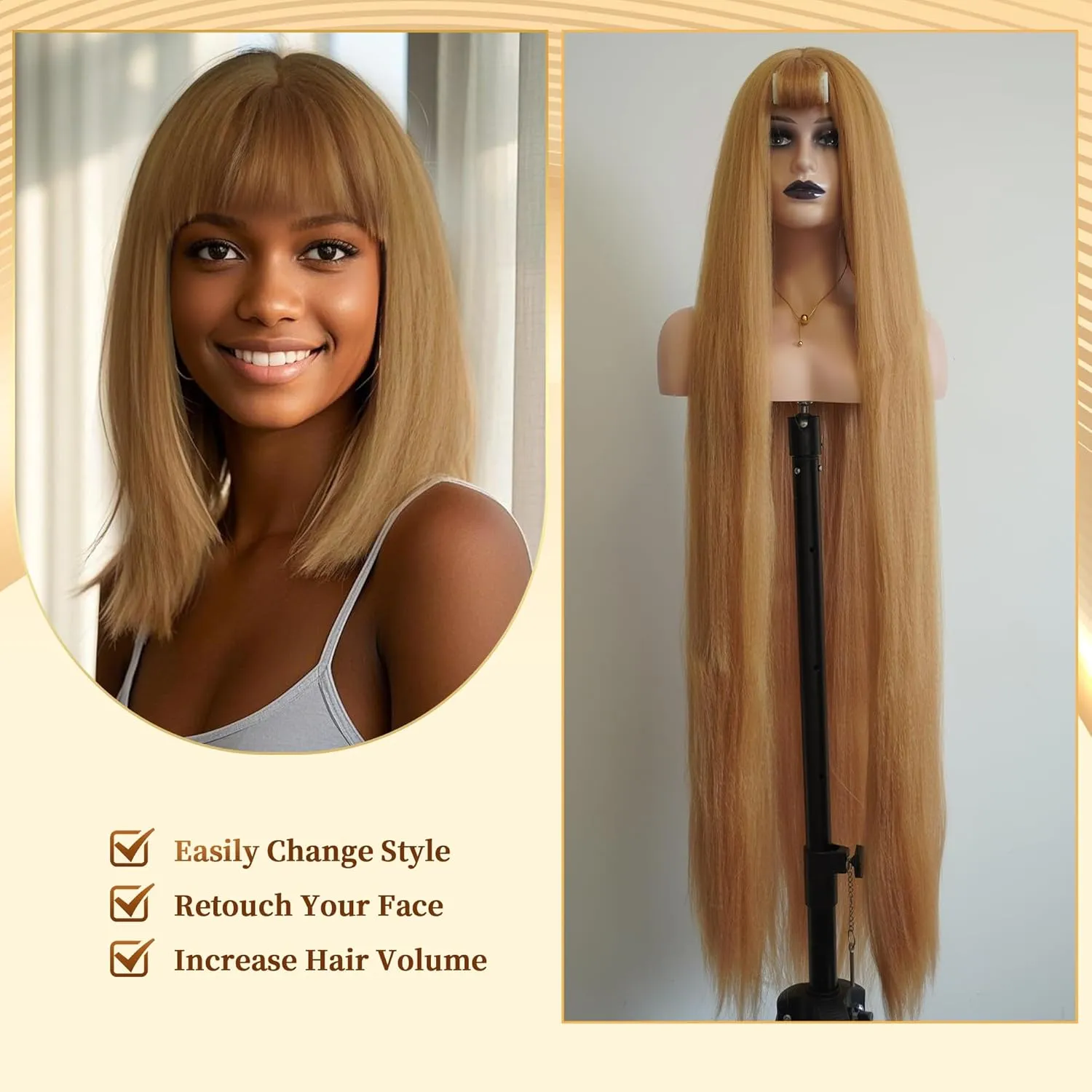 48 Inches Surper Long Straight Wig for Women Flat Bangs Soft Yaki Kinky Wigs for Daily Party Halloween Christmas Cosplay Wig Synthetic Hair Strawberry Blonde 120CM