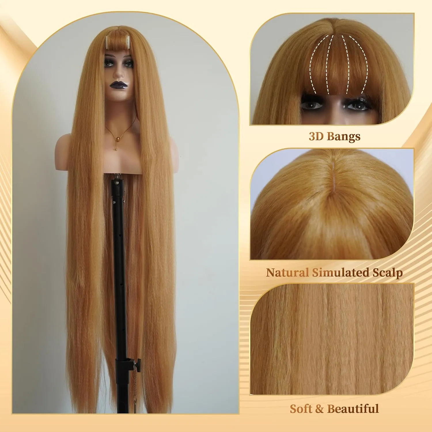 48 Inches Surper Long Straight Wig for Women Flat Bangs Soft Yaki Kinky Wigs for Daily Party Halloween Christmas Cosplay Wig Synthetic Hair Strawberry Blonde 120CM