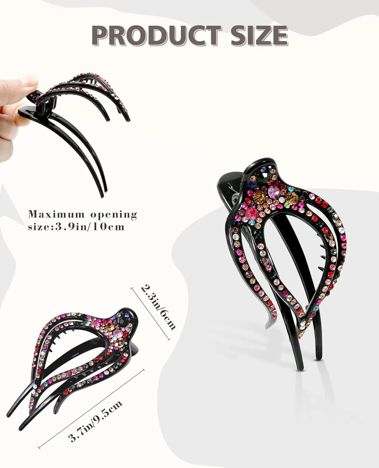 5PCS Rhinestone French Hair Clips for Women Thick Hair No Slip Curved Claw Clips Strong Hold Flat Hair Clip (Curved(Medium,3.74"))