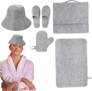 5Pcs/Set Sauna Accessories Including Felt Sauna Hat, Mat, Slipper, Gloves and Storage Bag Heat Insulation Water Absorbent Mat for Bath House Shower Room, Grey