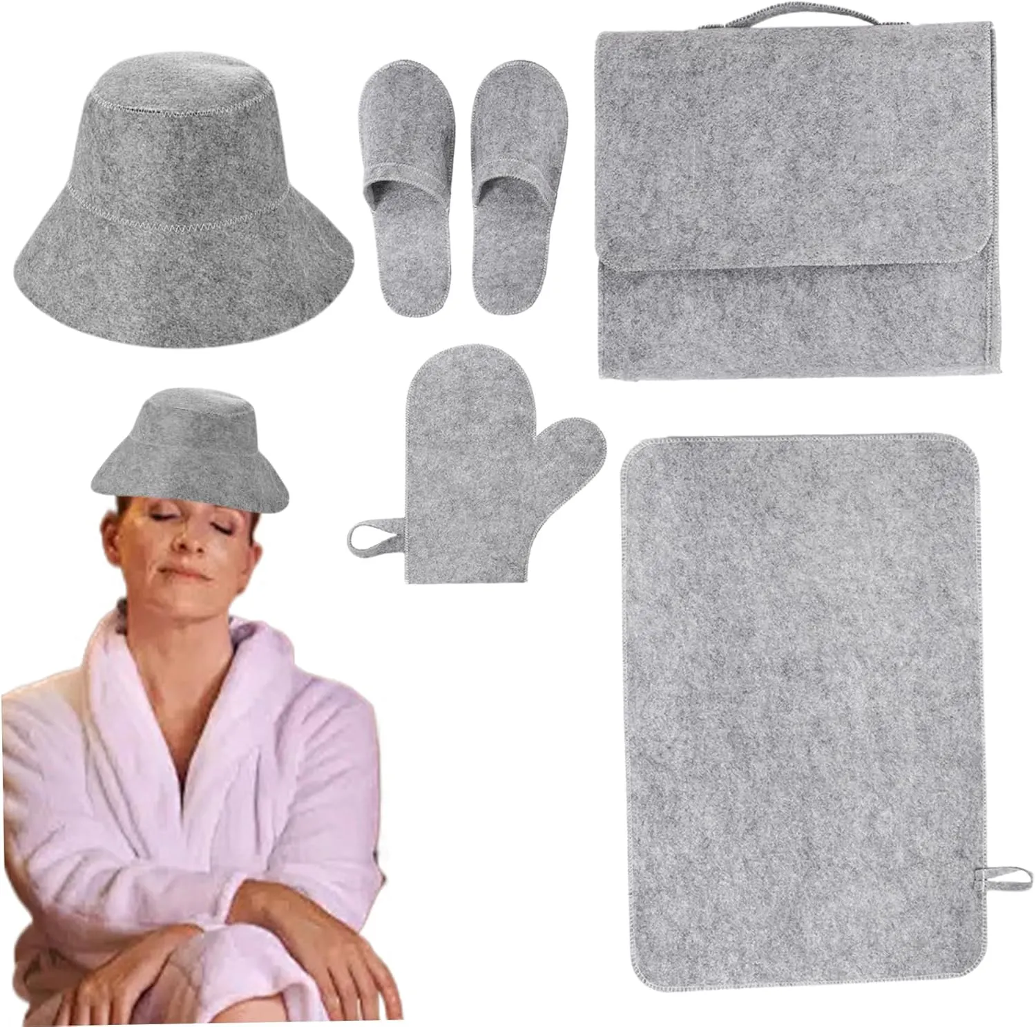5Pcs/Set Sauna Accessories Including Felt Sauna Hat, Mat, Slipper, Gloves and Storage Bag Heat Insulation Water Absorbent Mat for Bath House Shower Room, Grey