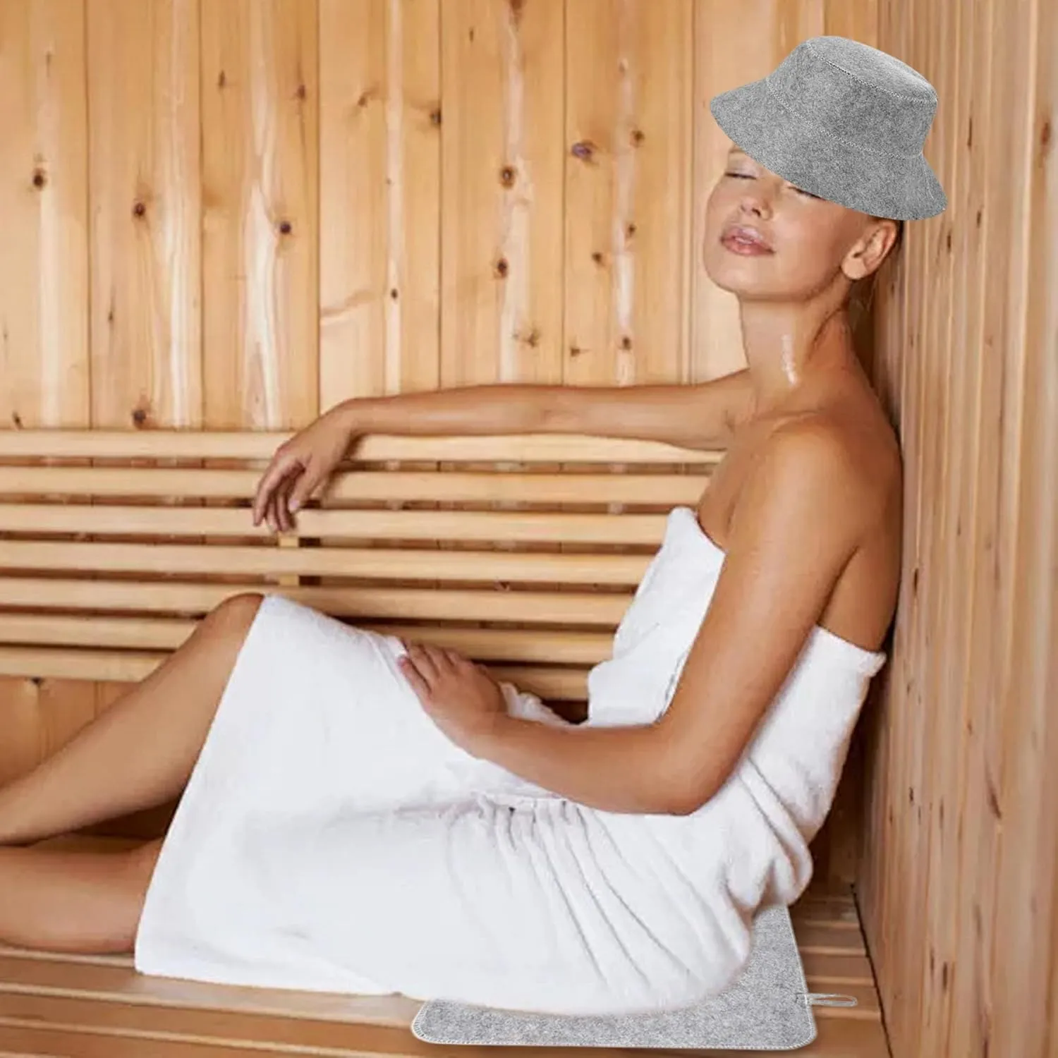 5Pcs/Set Sauna Accessories Including Felt Sauna Hat, Mat, Slipper, Gloves and Storage Bag Heat Insulation Water Absorbent Mat for Bath House Shower Room, Grey