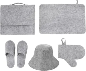 5Pcs/Set Sauna Accessories Including Felt Sauna Hat, Sauna Mat, Slipper, Gloves and Storage Bag Heat Insulation Water Absorbent Mat for Sauna Bath House Shower Room, Grey, Sauna Accessories