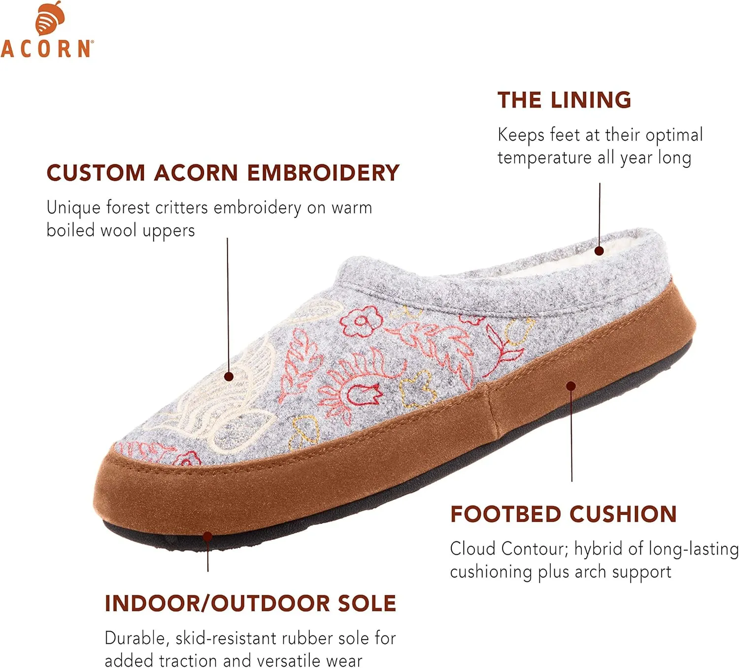 Acorn Womens Slipper with Berber Lining, Suede Siding and Durable Non-Slip Indoor/Outdoor Sole