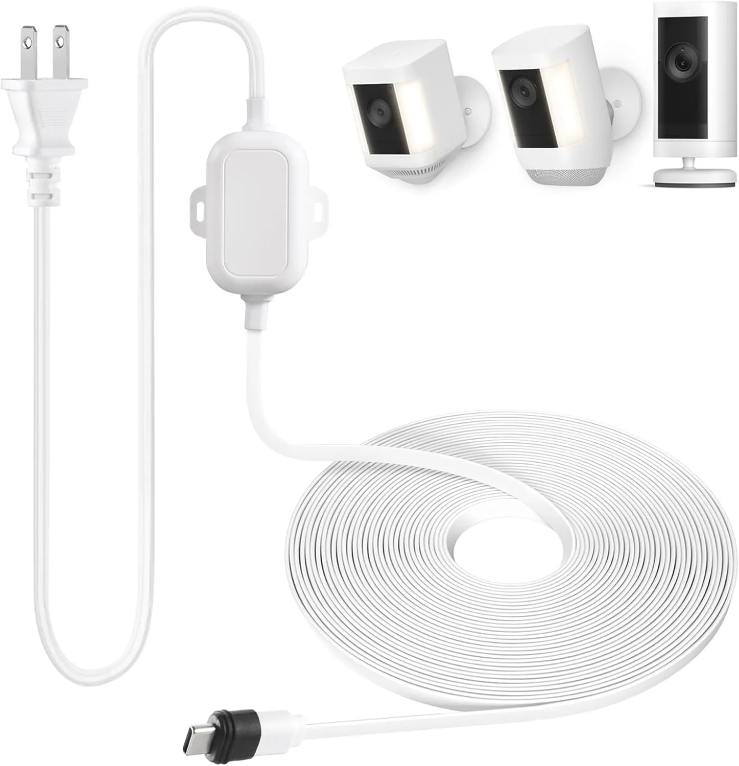 ALERTCAM Weatherproof Power Cord for Ring Spotlight Cam Plus/Pro (Battery), 25ft USB-C Outdoor Charging Cable for Continuous Camera Power Supply, White