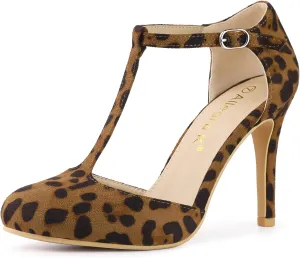 Allegra K Women's Rounded Toe Stiletto Heel T-Strap Dress Leopard Pumps 8 M US