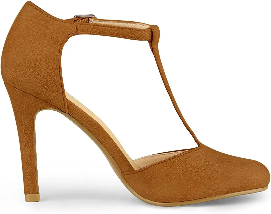 Allegra K Women's Rounded Toe Stiletto Heel T-Strap Dress Pumps