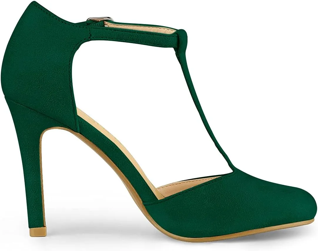 Allegra K Women's Rounded Toe Stiletto Heel T-Strap Dress Pumps