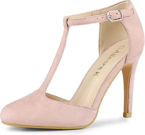 Allegra K Women's Rounded Toe Stiletto Heel T-Strap Dress Pumps