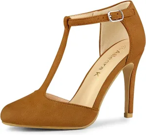 Allegra K Women's Rounded Toe Stiletto Heel T-Strap Dress Pumps