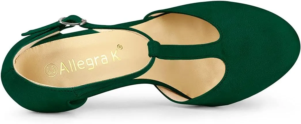 Allegra K Women's Rounded Toe Stiletto Heel T-Strap Dress Pumps
