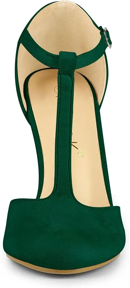 Allegra K Women's Rounded Toe Stiletto Heel T-Strap Dress Pumps