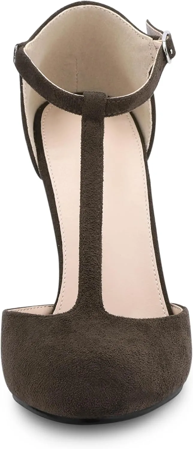 Allegra K Women's Rounded Toe Stiletto Heel T-Strap Dress Pumps