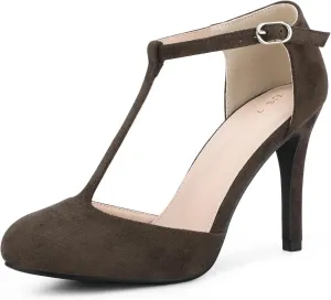 Allegra K Women's Rounded Toe Stiletto Heel T-Strap Dress Pumps