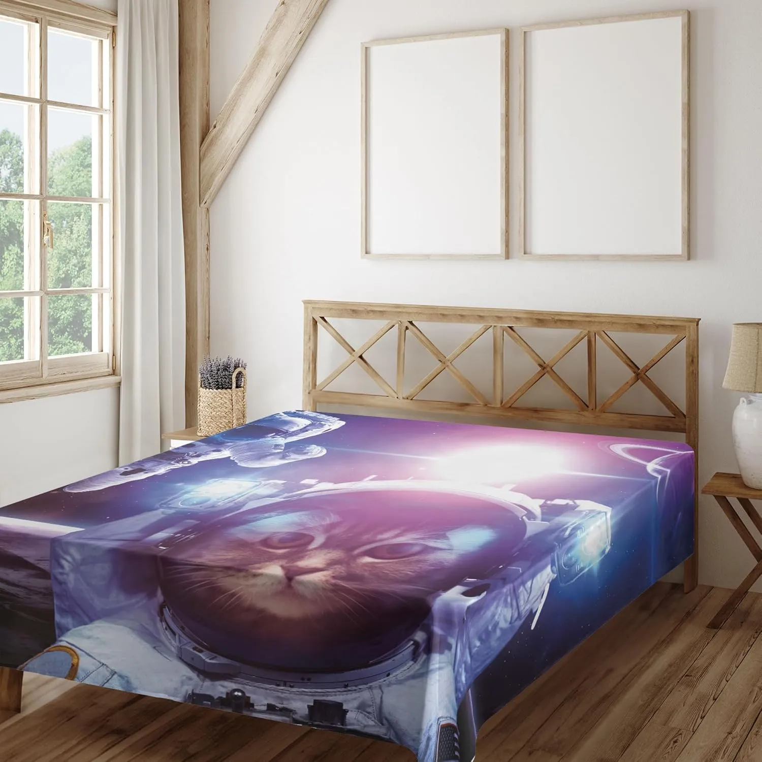 Ambesonne Space Cat Flat Sheet, Astronauts in Nebula Galaxy with Eclipse in Saturn Planets Image, Soft Comfortable Top Sheet Decorative Bedding 1 Piece, California King, Dark Blue Purple