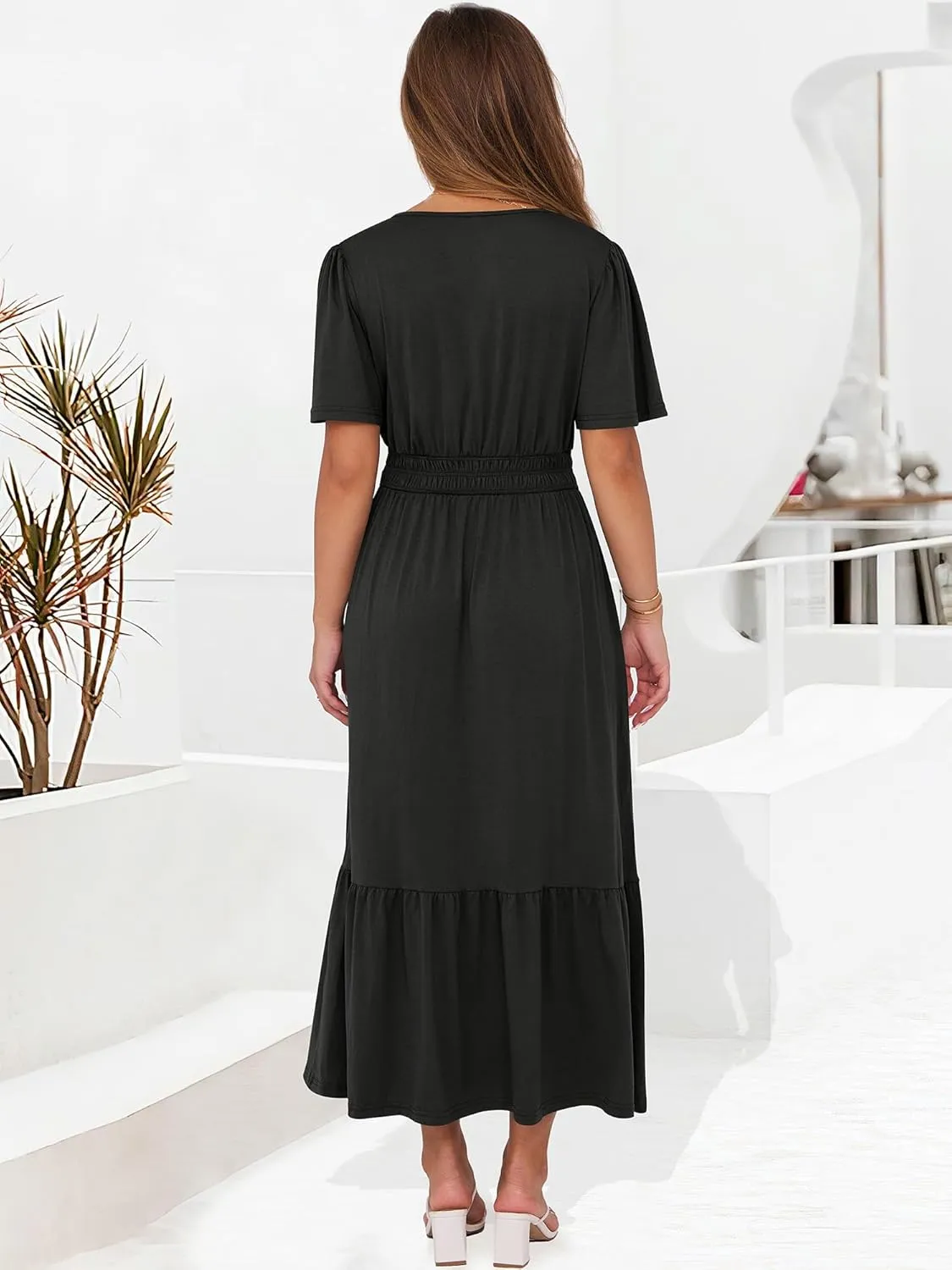 ANRABESS Women's Summer Short Sleeve Maxi Dress 2025 Casual V Neck High Waist A-Line Flowy Loose Tiered Boho Long Dresses