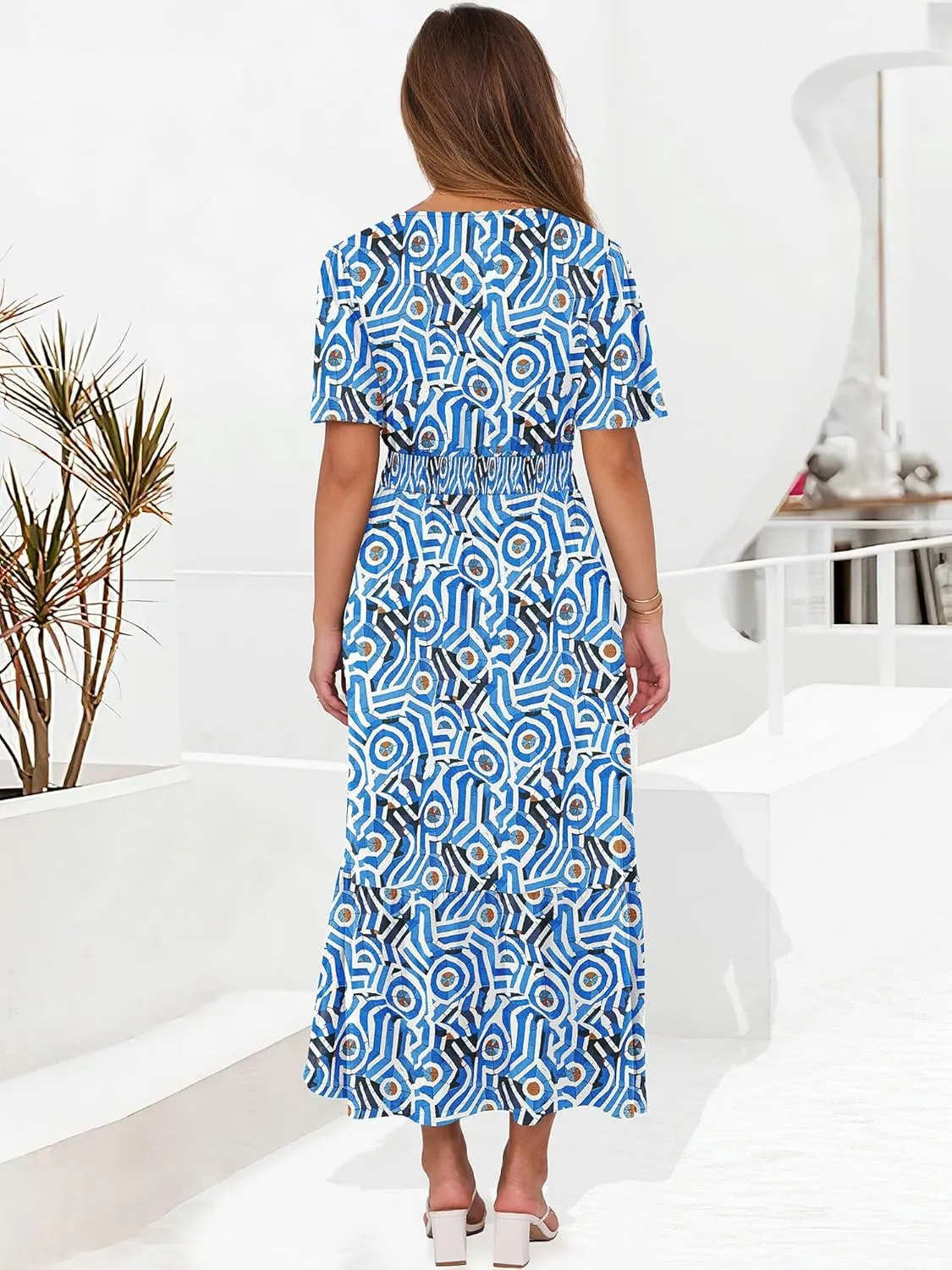 ANRABESS Women's Summer Short Sleeve Maxi Dress 2025 Casual V Neck High Waist A-Line Flowy Loose Tiered Boho Long Dresses