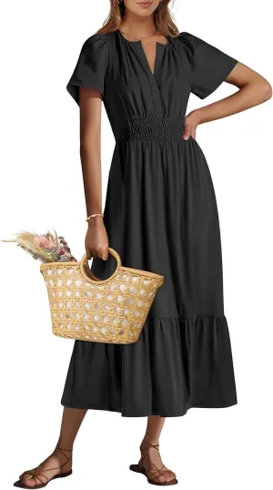 ANRABESS Women's Summer Short Sleeve Maxi Dress 2025 Casual V Neck High Waist A-Line Flowy Loose Tiered Boho Long Dresses