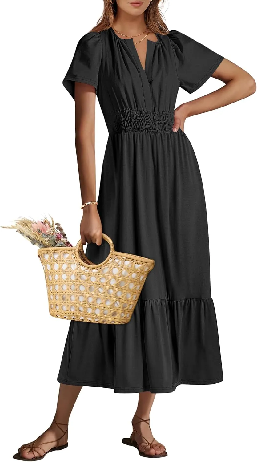 ANRABESS Women's Summer Short Sleeve Maxi Dress 2025 Casual V Neck High Waist A-Line Flowy Loose Tiered Boho Long Dresses