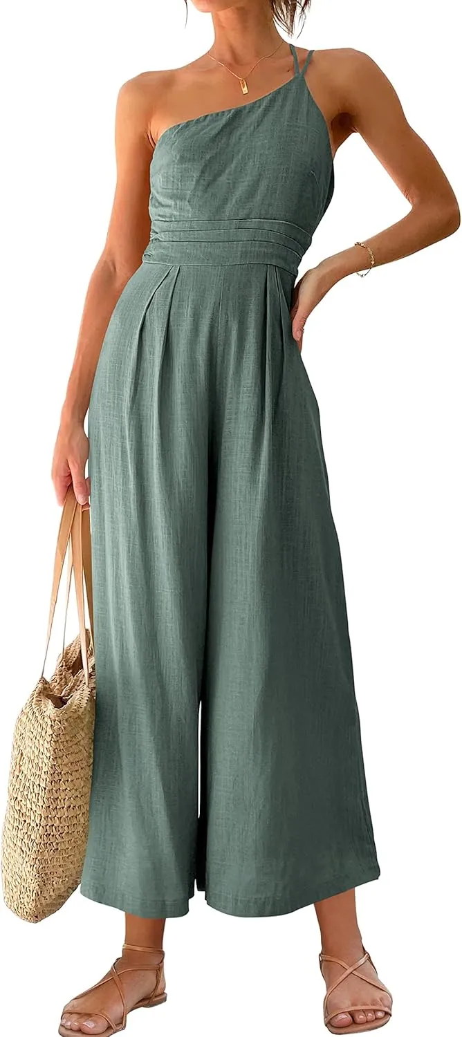 ANRABESS Women's Summer Straps One Shoulder High Waist Dressy Casual Wide Leg Linen Jumpsuit Romper Beach Travel Outfits