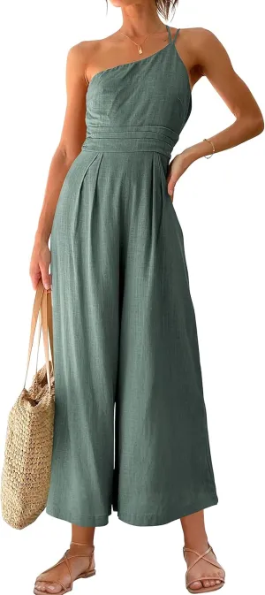 ANRABESS Women's Summer Straps One Shoulder High Waist Dressy Casual Wide Leg Linen Jumpsuit Romper Beach Travel Outfits