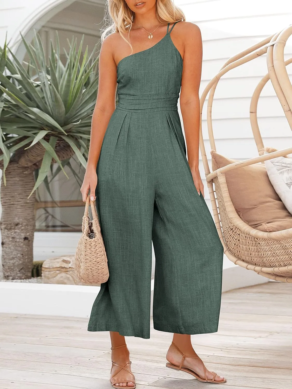ANRABESS Women's Summer Straps One Shoulder High Waist Dressy Casual Wide Leg Linen Jumpsuit Romper Beach Travel Outfits