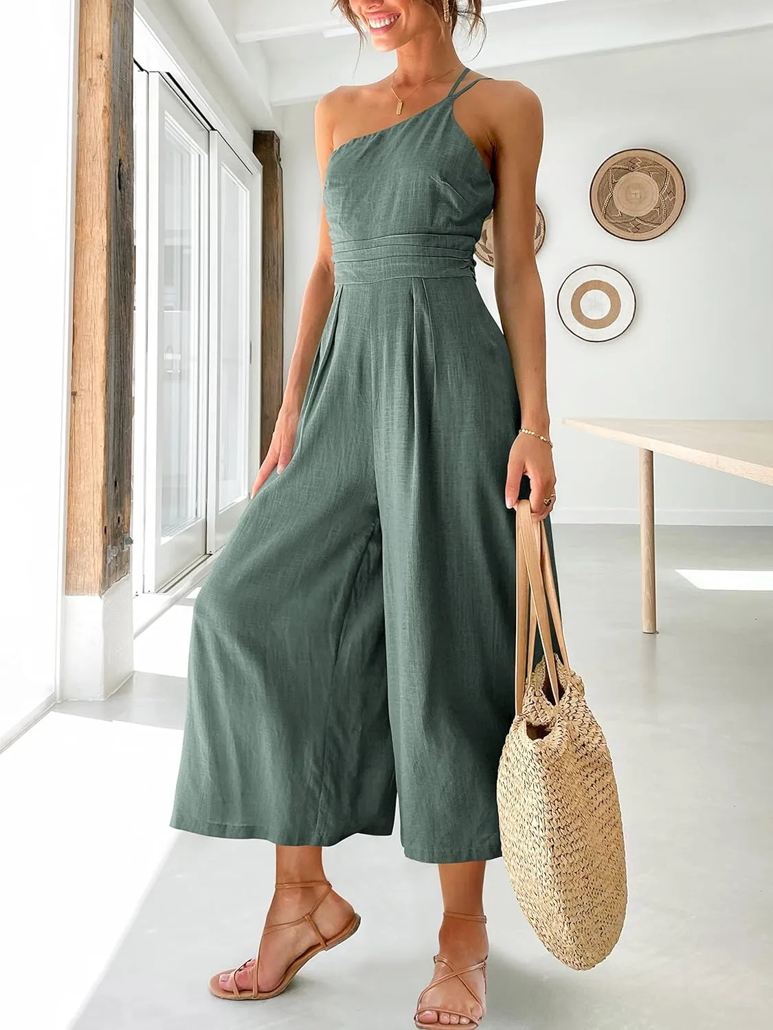 ANRABESS Women's Summer Straps One Shoulder High Waist Dressy Casual Wide Leg Linen Jumpsuit Romper Beach Travel Outfits
