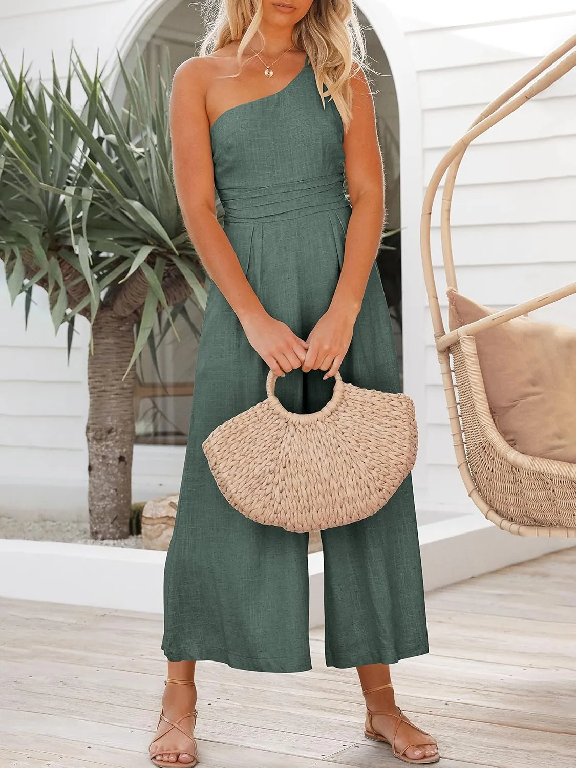 ANRABESS Women's Summer Straps One Shoulder High Waist Dressy Casual Wide Leg Linen Jumpsuit Romper Beach Travel Outfits