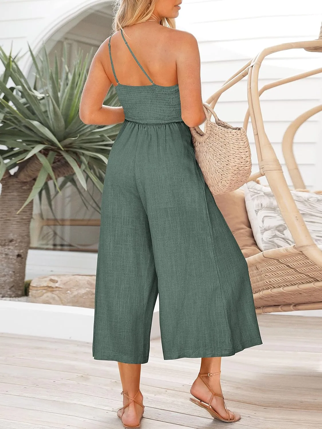 ANRABESS Women's Summer Straps One Shoulder High Waist Dressy Casual Wide Leg Linen Jumpsuit Romper Beach Travel Outfits