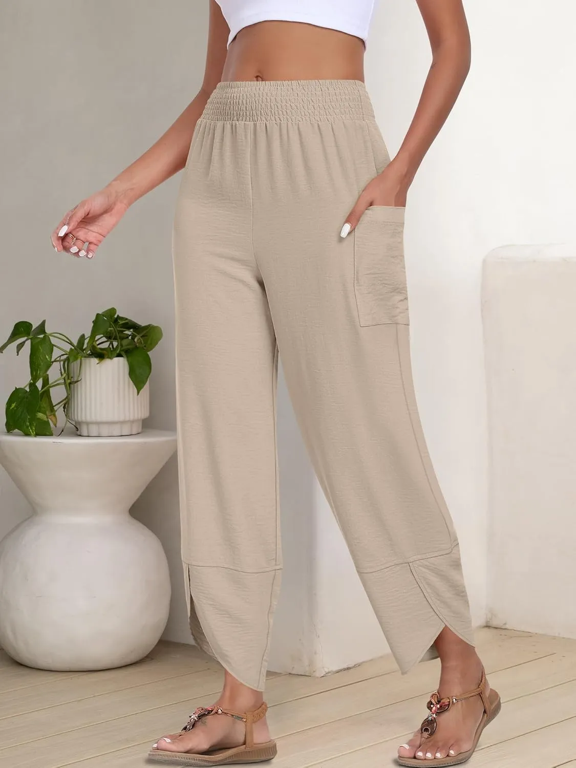 ANRABESS Womens Wide Leg Palazzo Capri Pants 2025 Summer Casual Loose High Waisted Lounge Flowy Cropped Beach Work Trousers