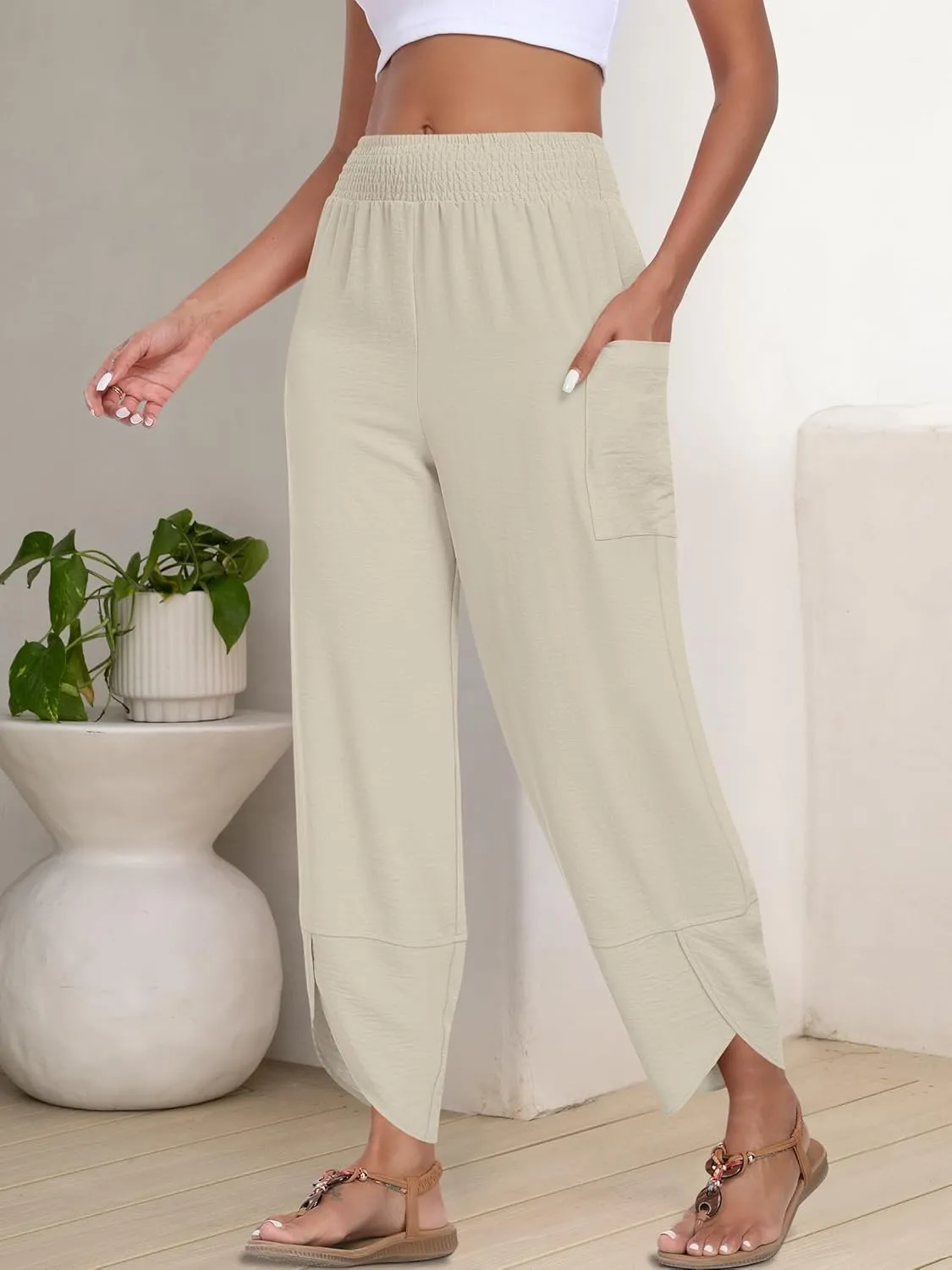 ANRABESS Womens Wide Leg Palazzo Capri Pants 2025 Summer Casual Loose High Waisted Lounge Flowy Cropped Beach Work Trousers