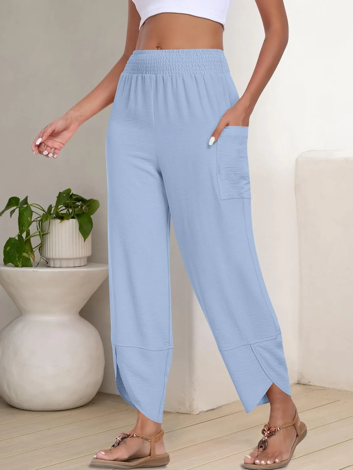 ANRABESS Womens Wide Leg Palazzo Capri Pants 2025 Summer Casual Loose High Waisted Lounge Flowy Cropped Beach Work Trousers